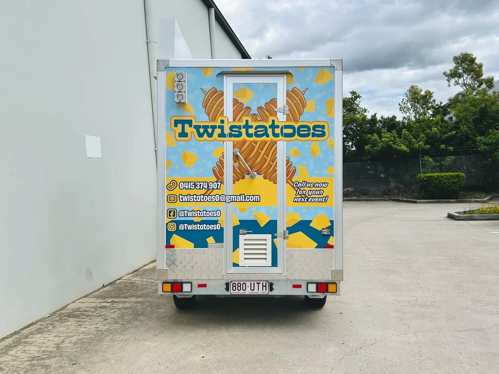 Twistatoes food trailer rear wrap, contact details