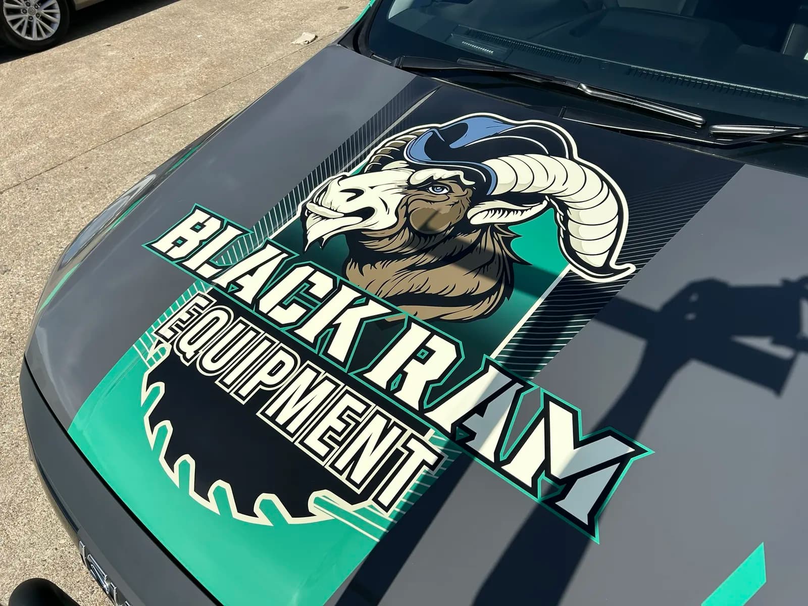 Black Ram ram logo bonnet wrap close-up