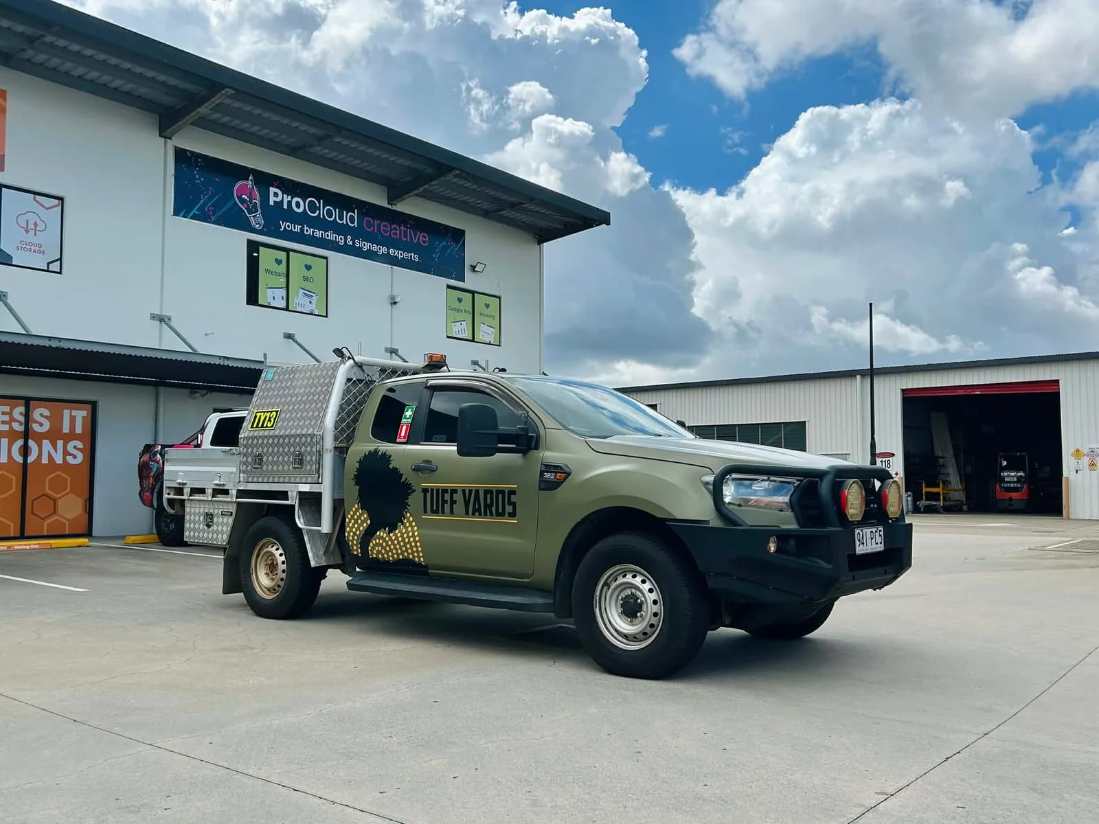 Tuff Yards Ford Ranger extra cab with alloy tray, outside the ProCloud workshop
