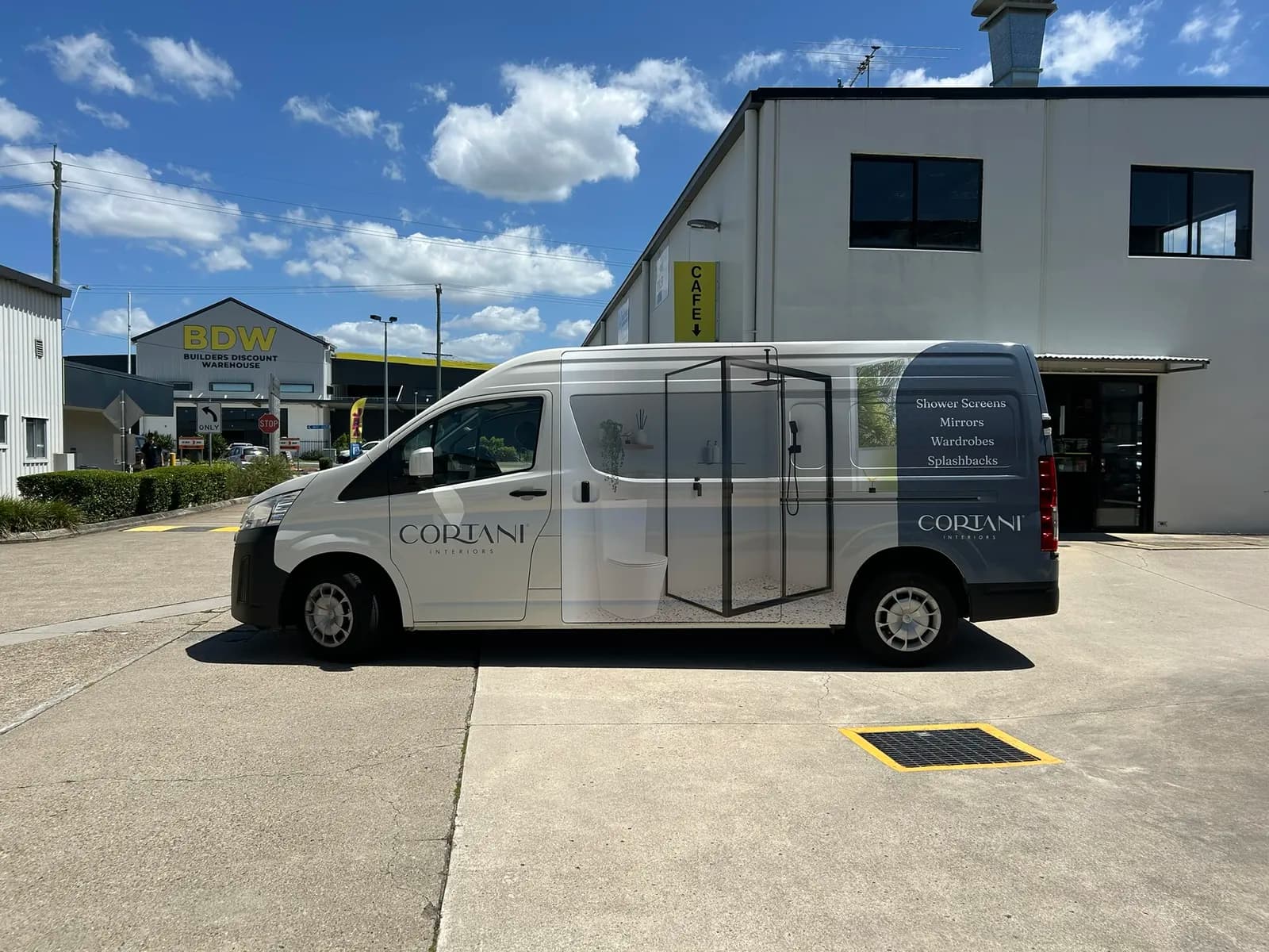 Cortani Interiors van side profile, shower screen wrap