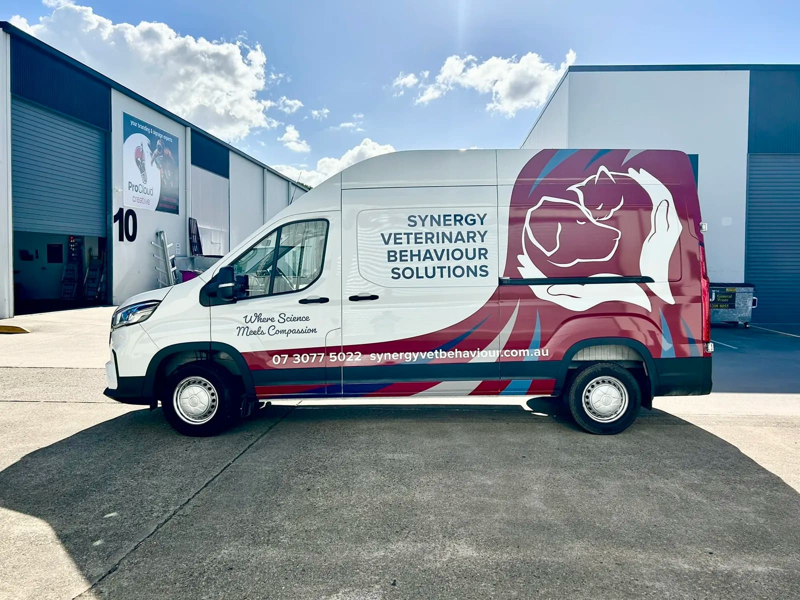 Synergy Veterinary van full side profile, ProCloud sign