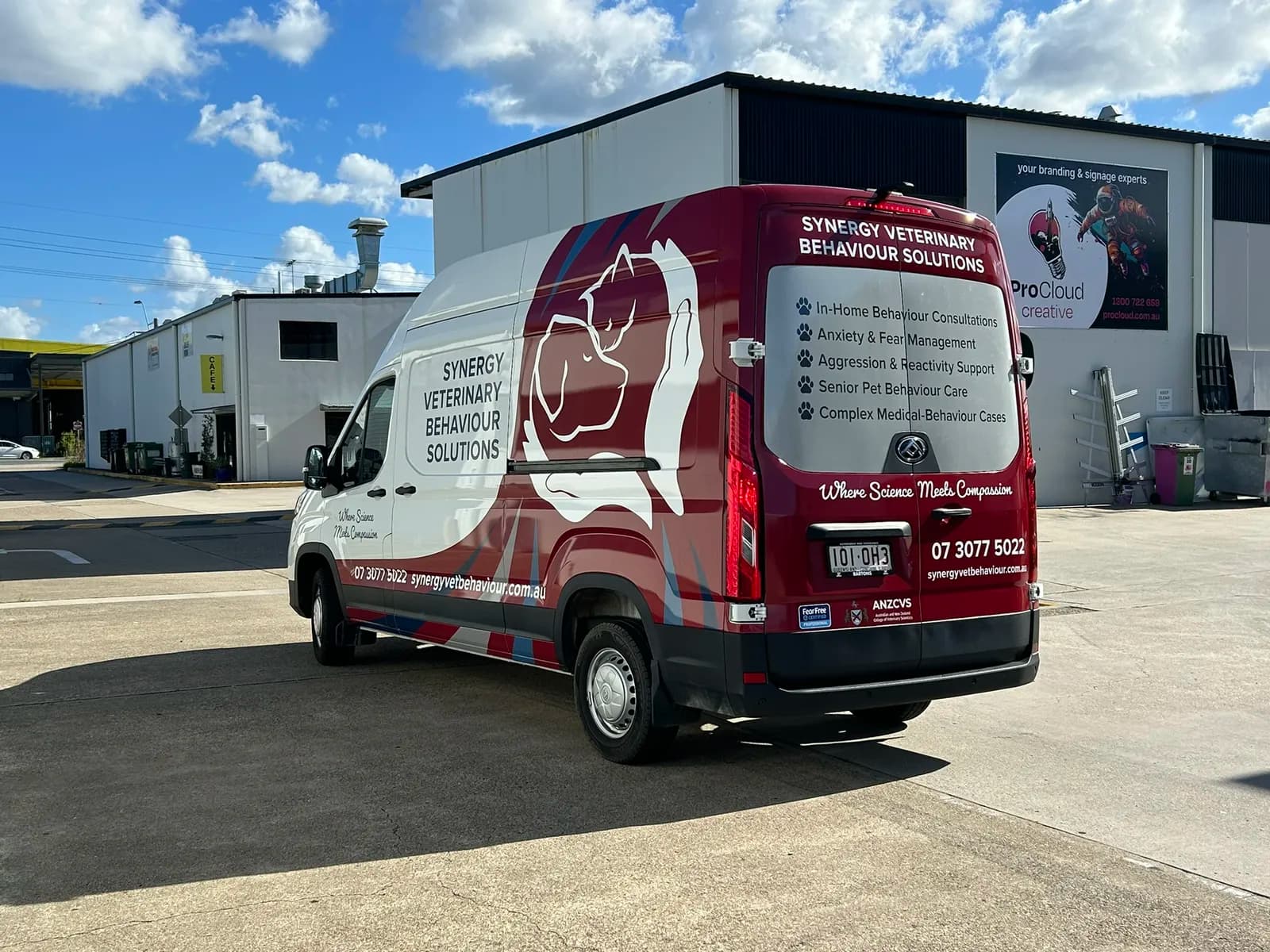 Synergy Veterinary Behaviour Solutions van wrap, rear three-quarter view