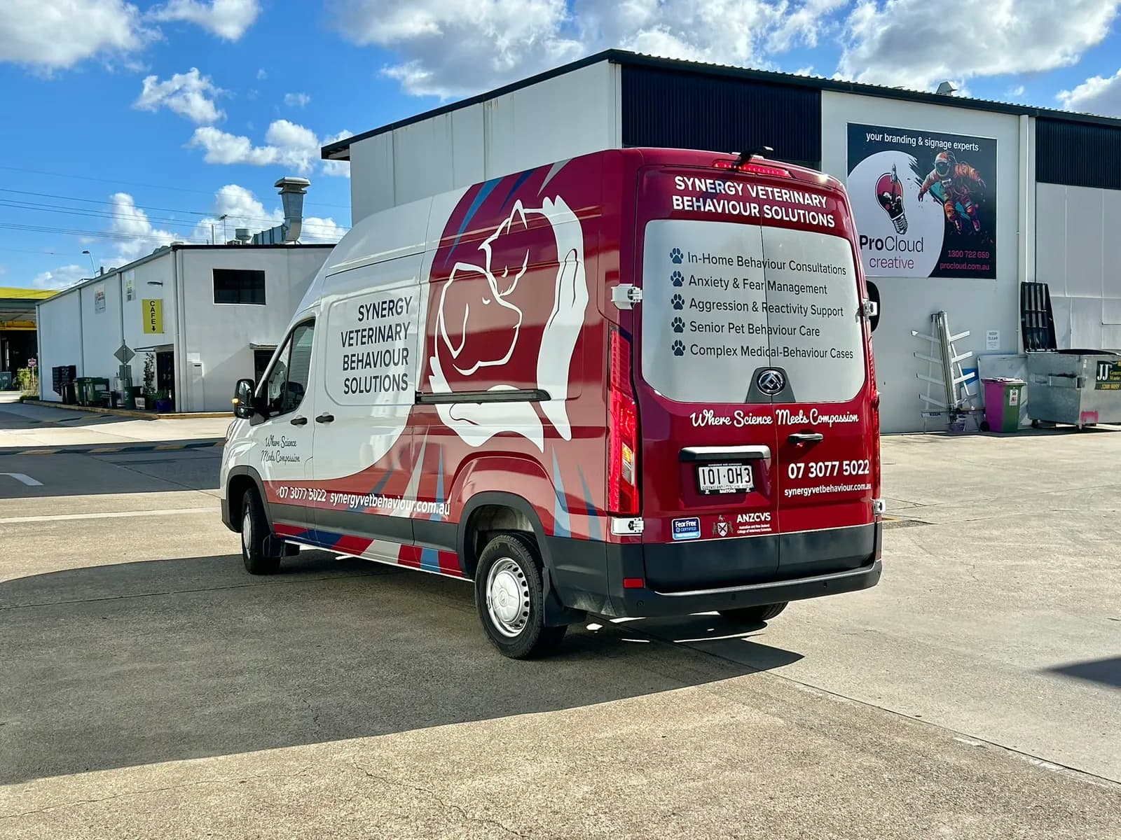 Synergy Veterinary van wrap, rear three-quarter, sunny