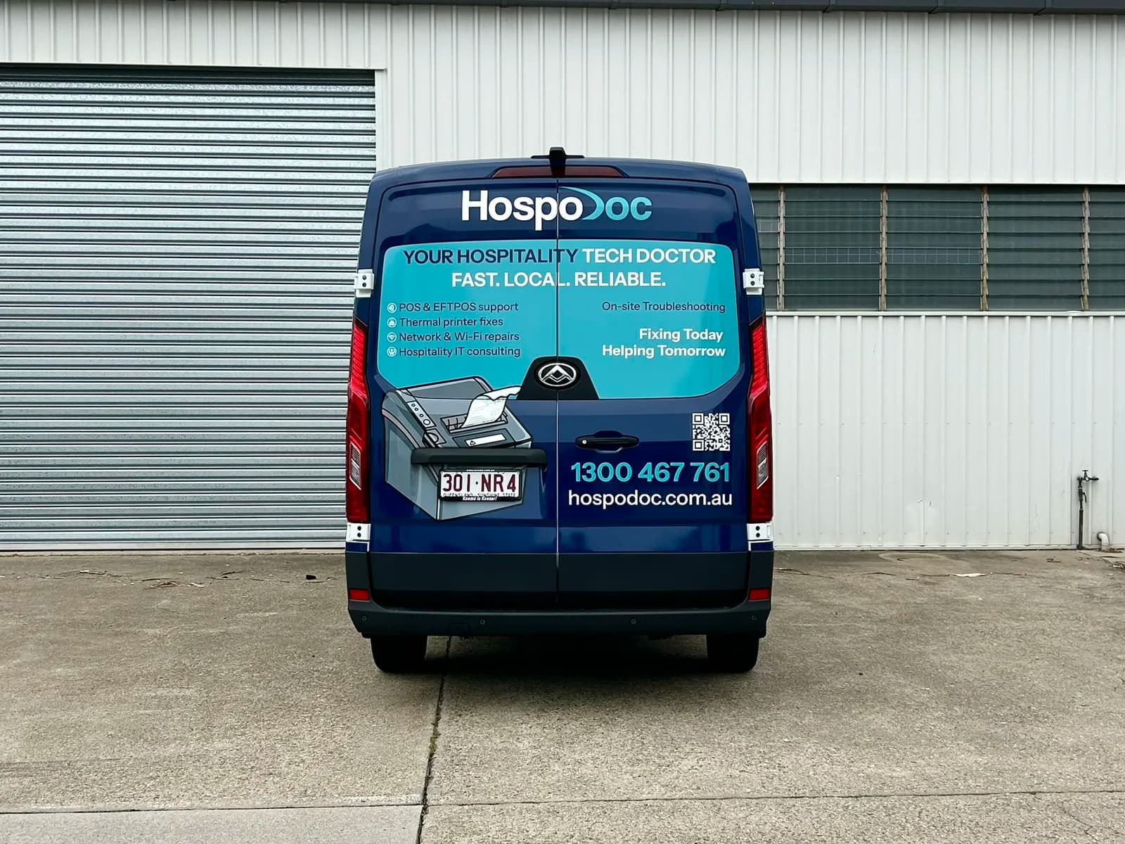 HospoDoc van rear doors, tech doctor graphics