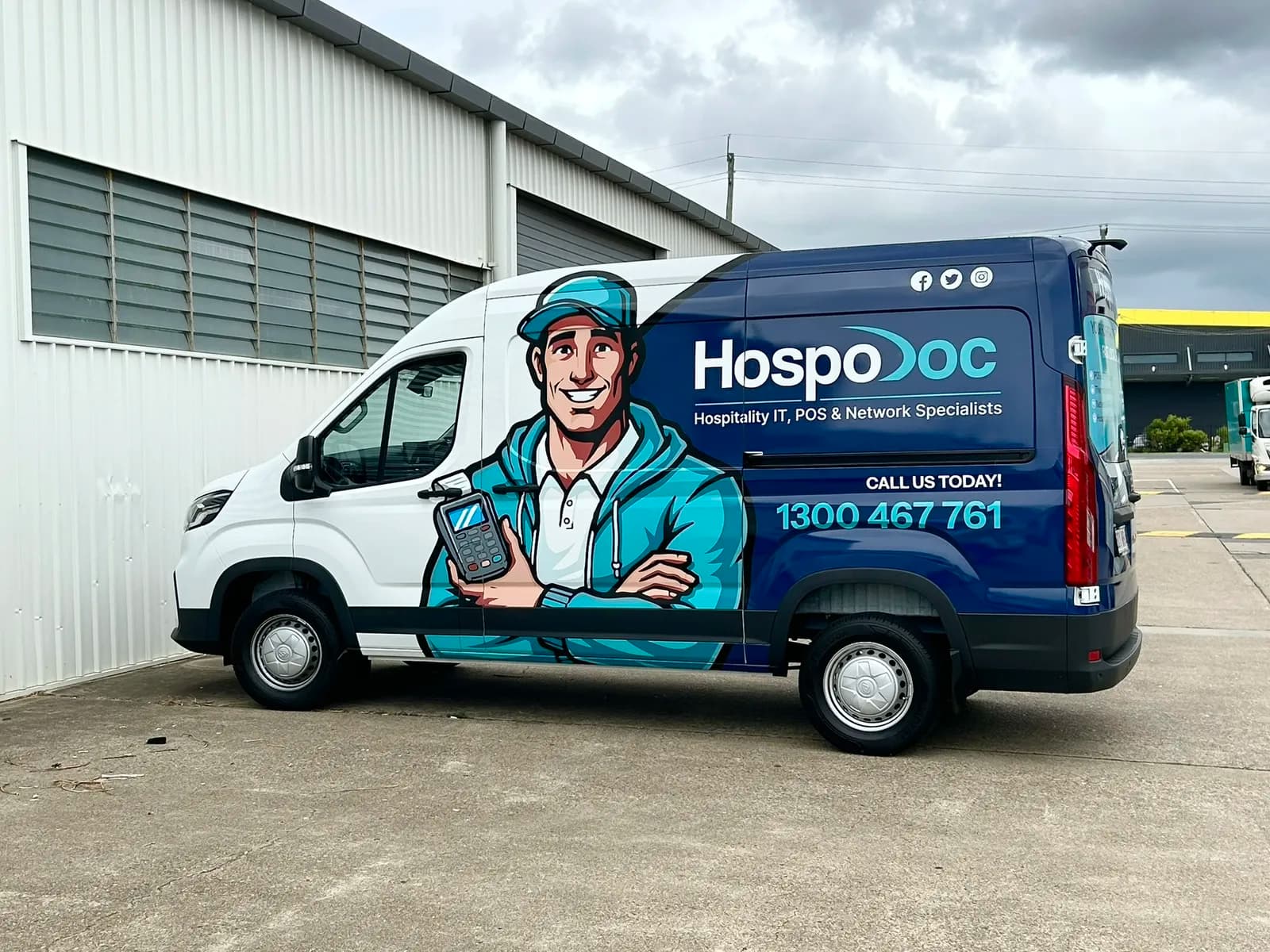HospoDoc van side profile with mascot graphic