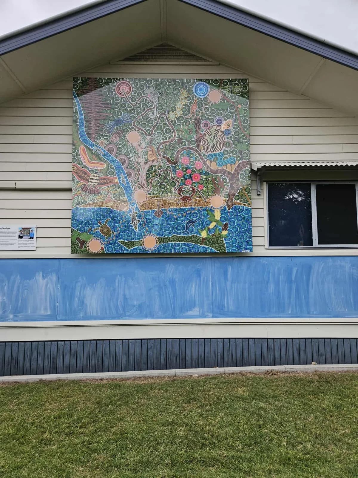 Printed artwork panel mounted on a building exterior