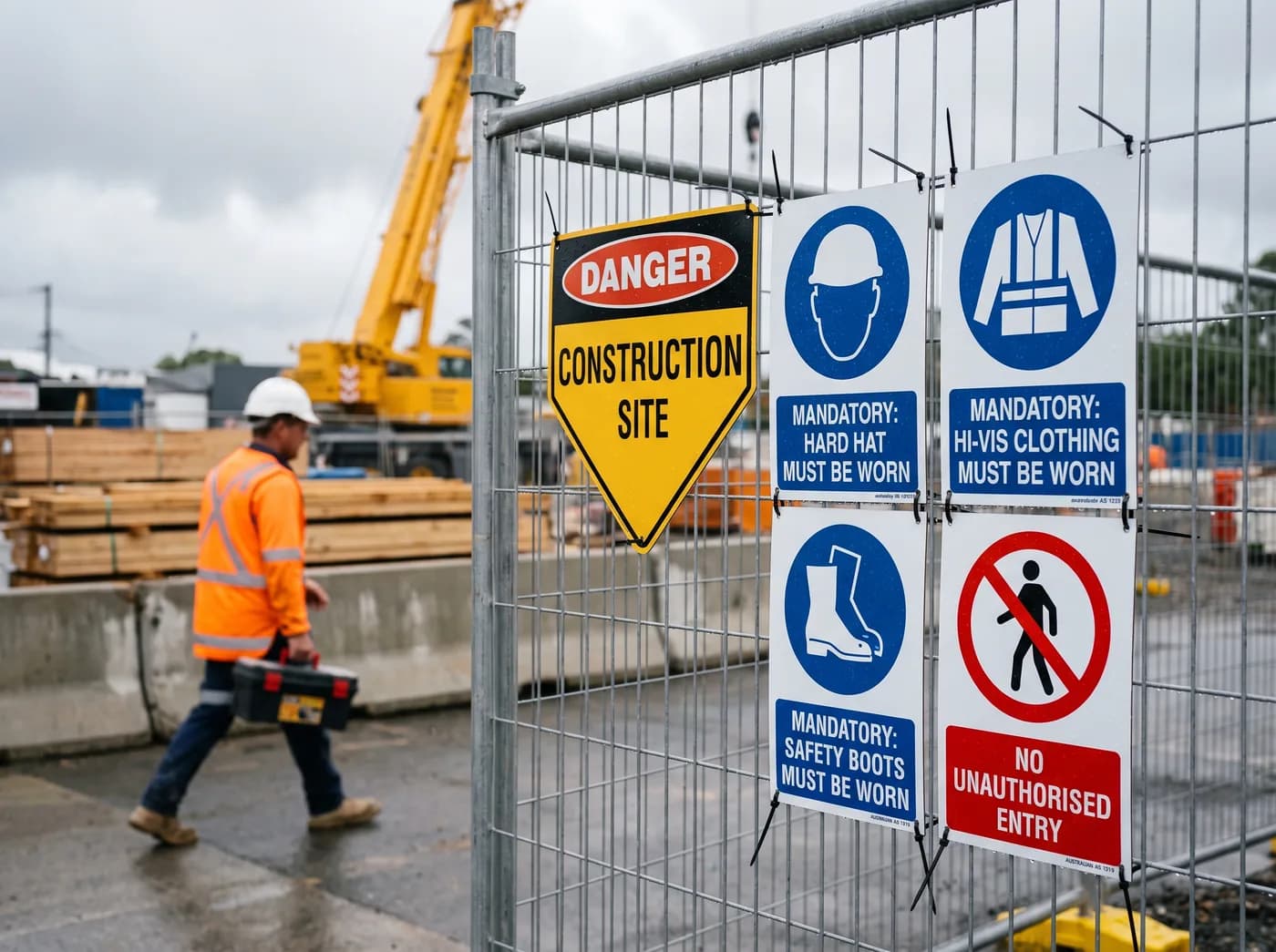 Australian construction site safety signs on a Brisbane worksite fence