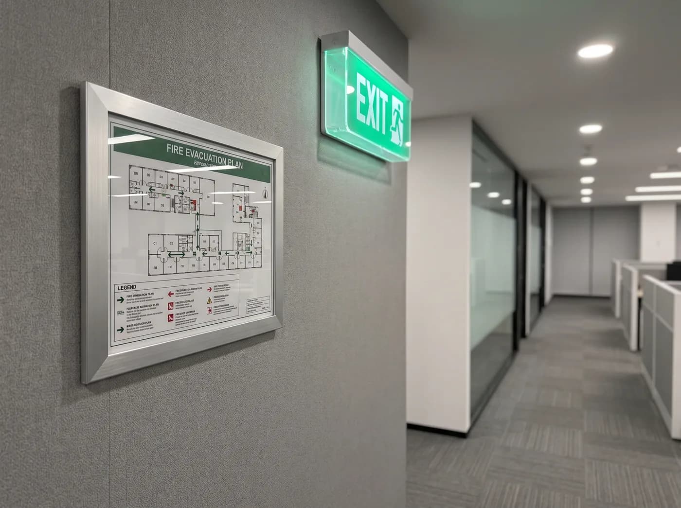 Fire evacuation diagram and illuminated exit sign in a commercial building