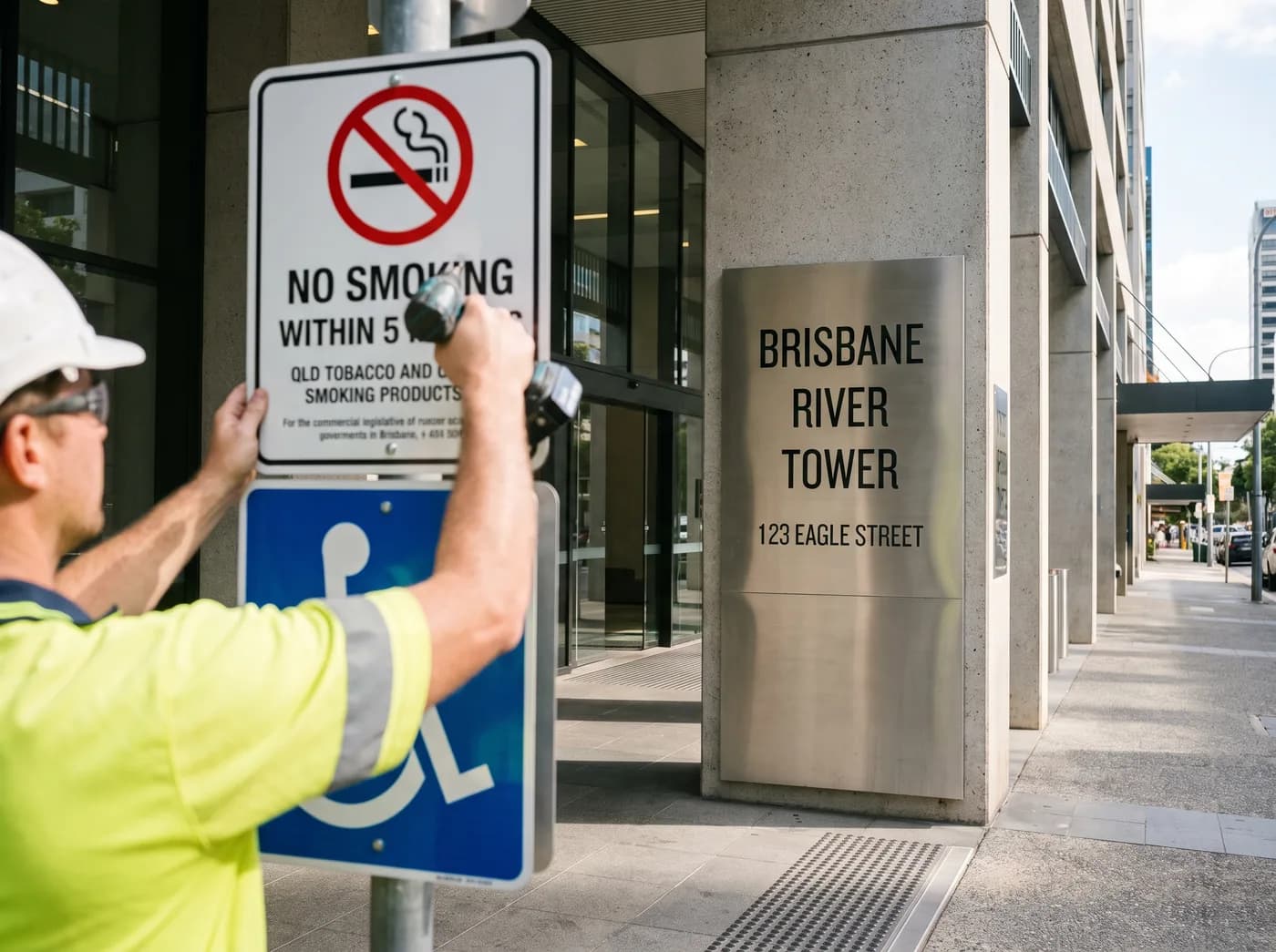 Accessible entry and no smoking statutory signage at a Brisbane building