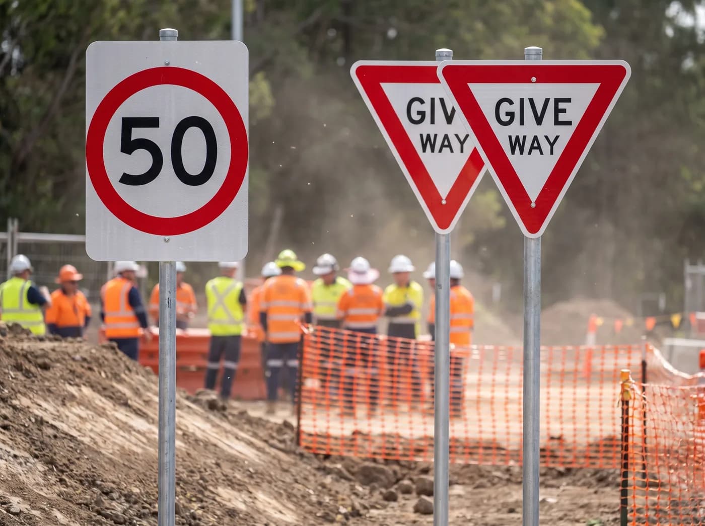 Regulatory speed and give way road signs at a road project
