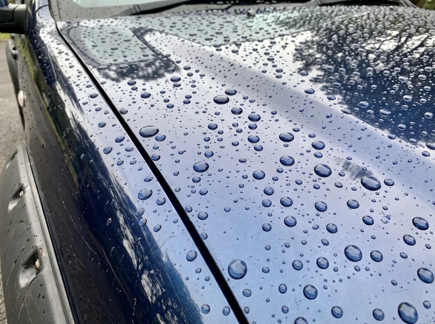 Water beading on a coated work ute bonnet
