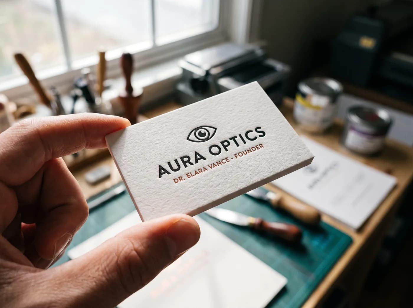 Business card held in a print shop