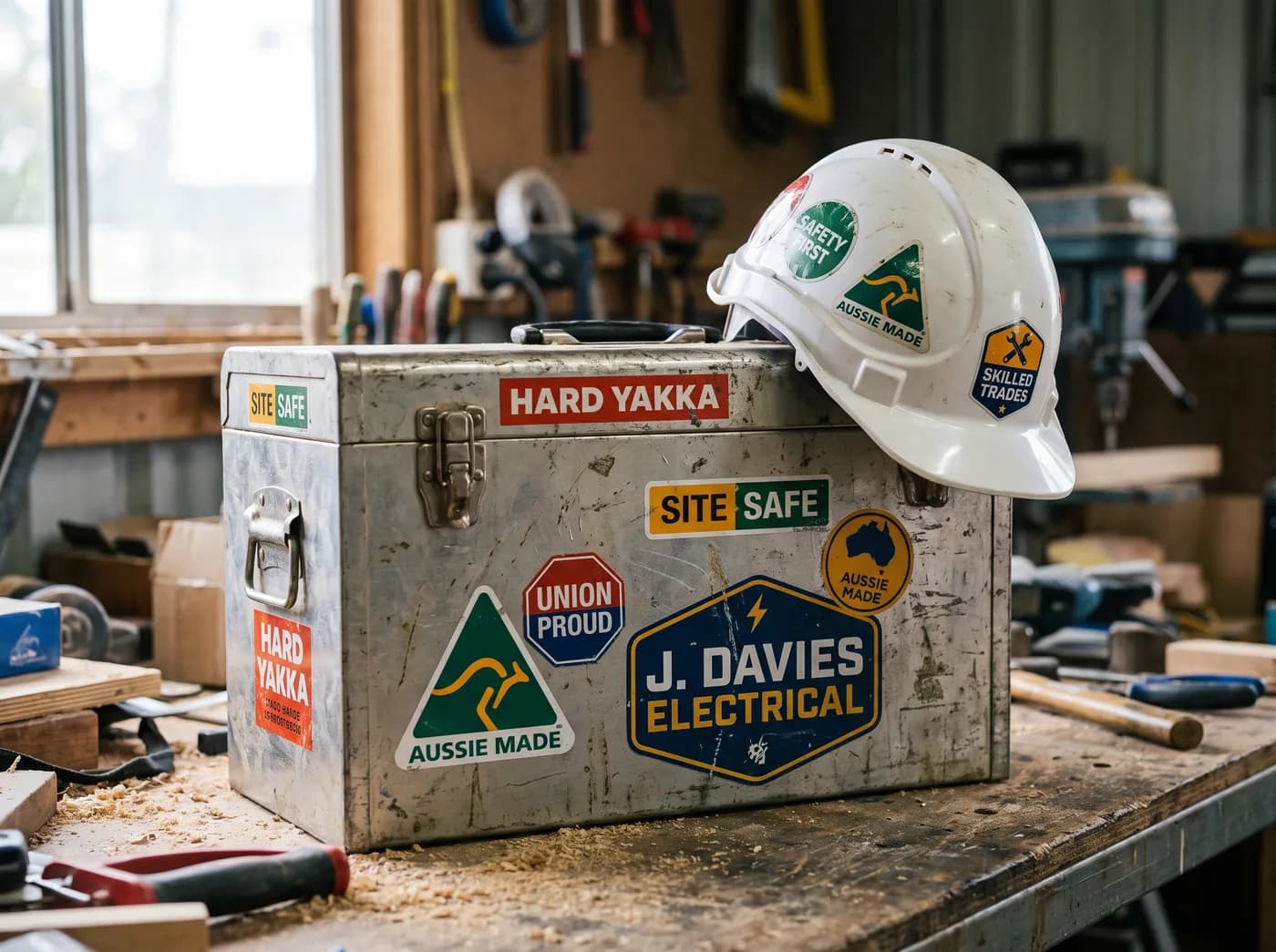 Vinyl stickers on a toolbox and hard hat