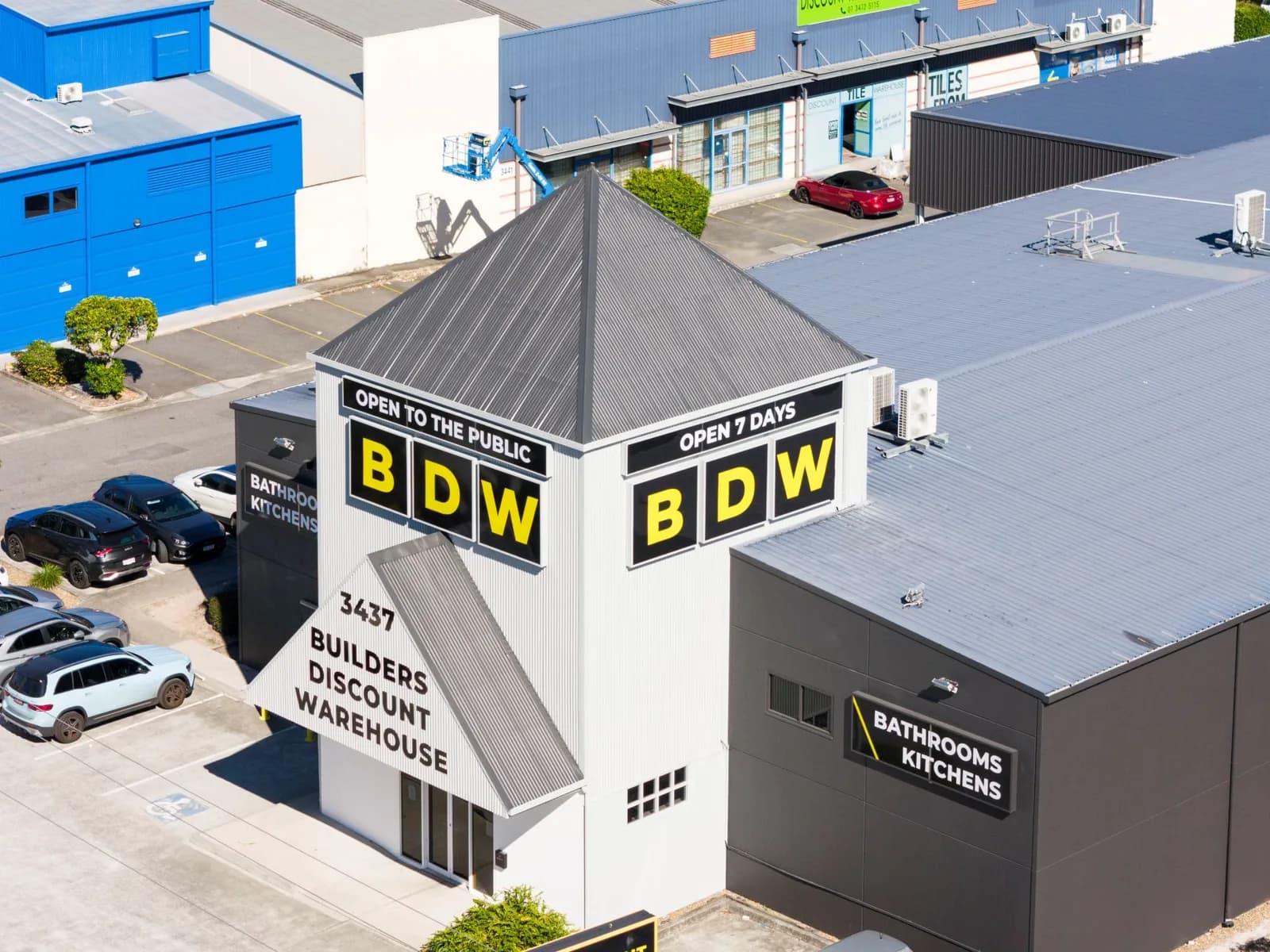 BDW Builders Discount Warehouse building signage from above