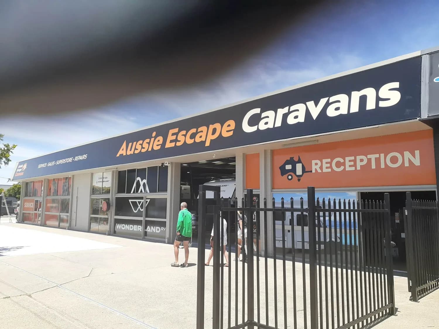Exterior fascia and reception signage, Aussie Escape Caravans