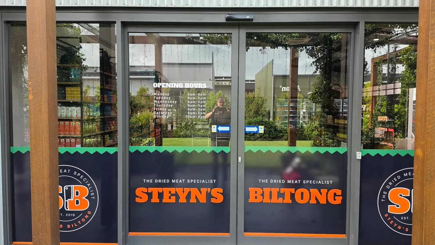 Steyn's Biltong printed graphics on glass entry doors